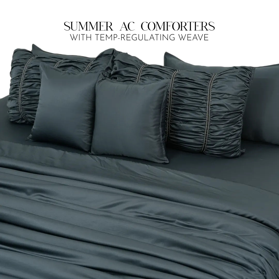 ZARF Italian Staple Weave Comforter With 2 Designer Pillow Cases, 2 Solid Pillowcases & 2 Cushion Covers - Cinder