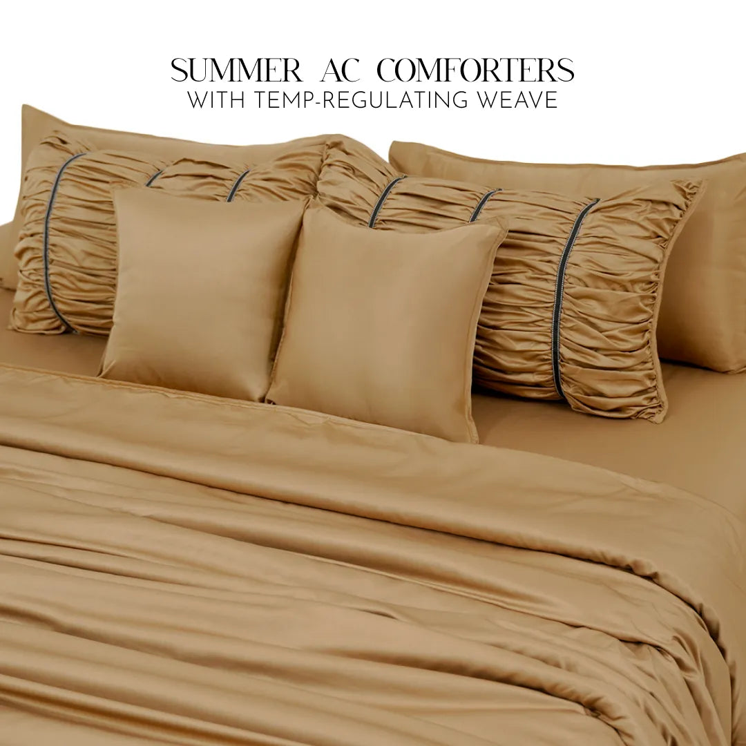 ZARF Italian Staple Weave Comforter With 2 Designer Pillow Cases, 2 Solid Pillowcases & 2 Cushion Covers - Butterscotch