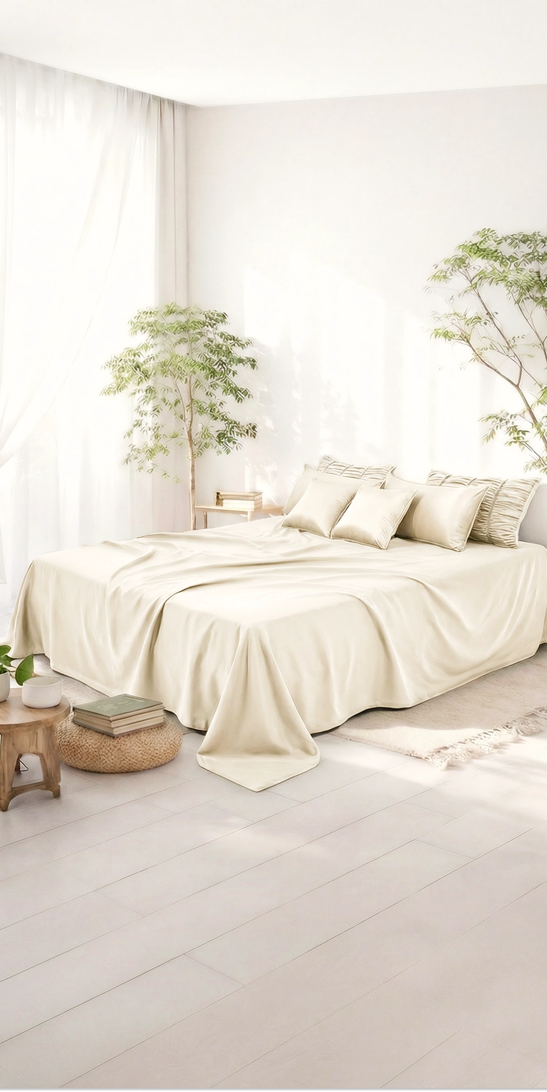 ZARF Italian Staple Weave Bedsheet For Single Size Bed With 2 Designer Pillow Cases, 2 Solid Pillowcases & 2 Cushion Covers - Porcelain