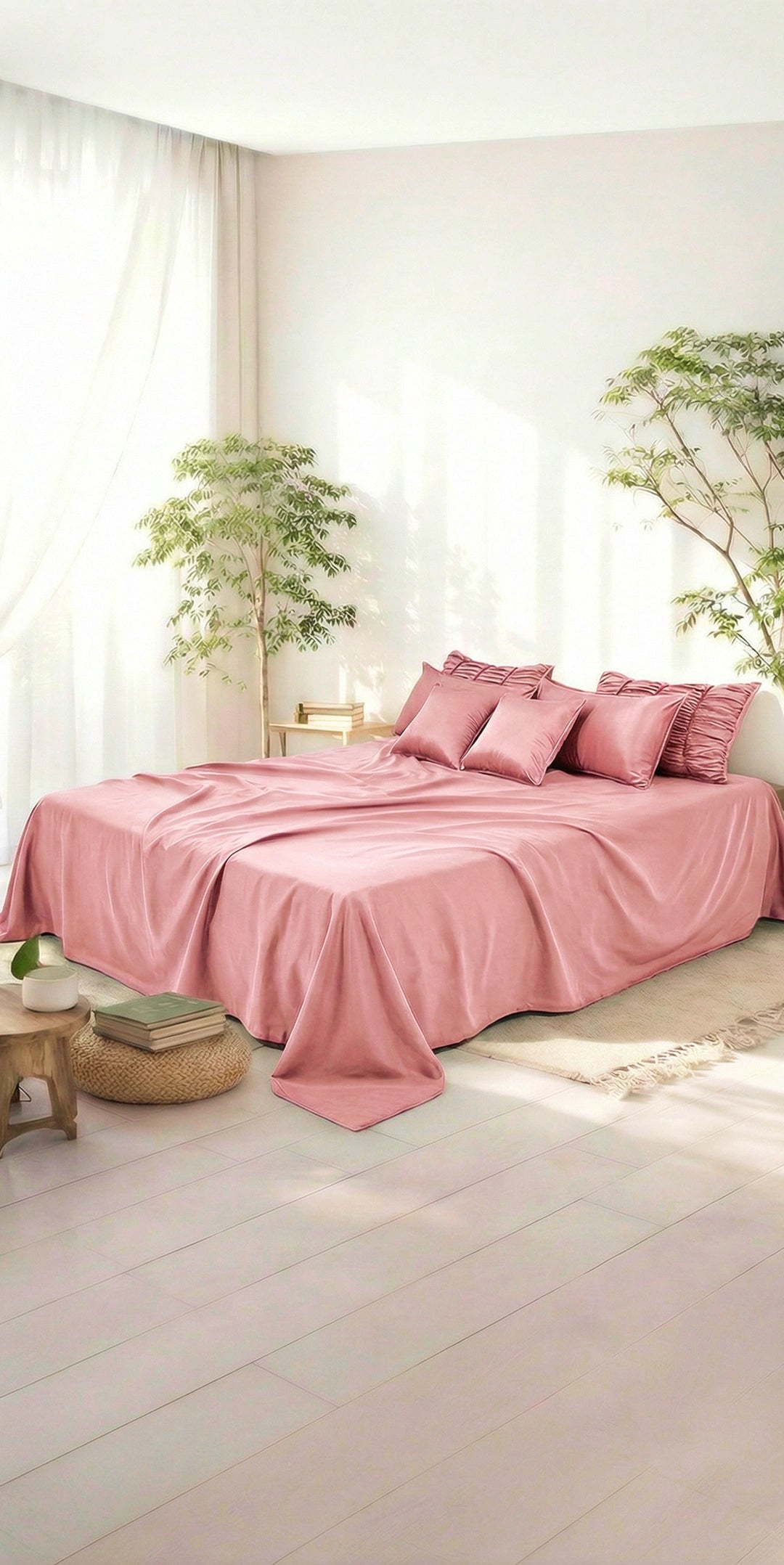 ZARF Italian Staple Weave Bedsheet For Single Size Bed With 2 Designer Pillow Cases, 2 Solid Pillowcases & 2 Cushion Covers - Orchid