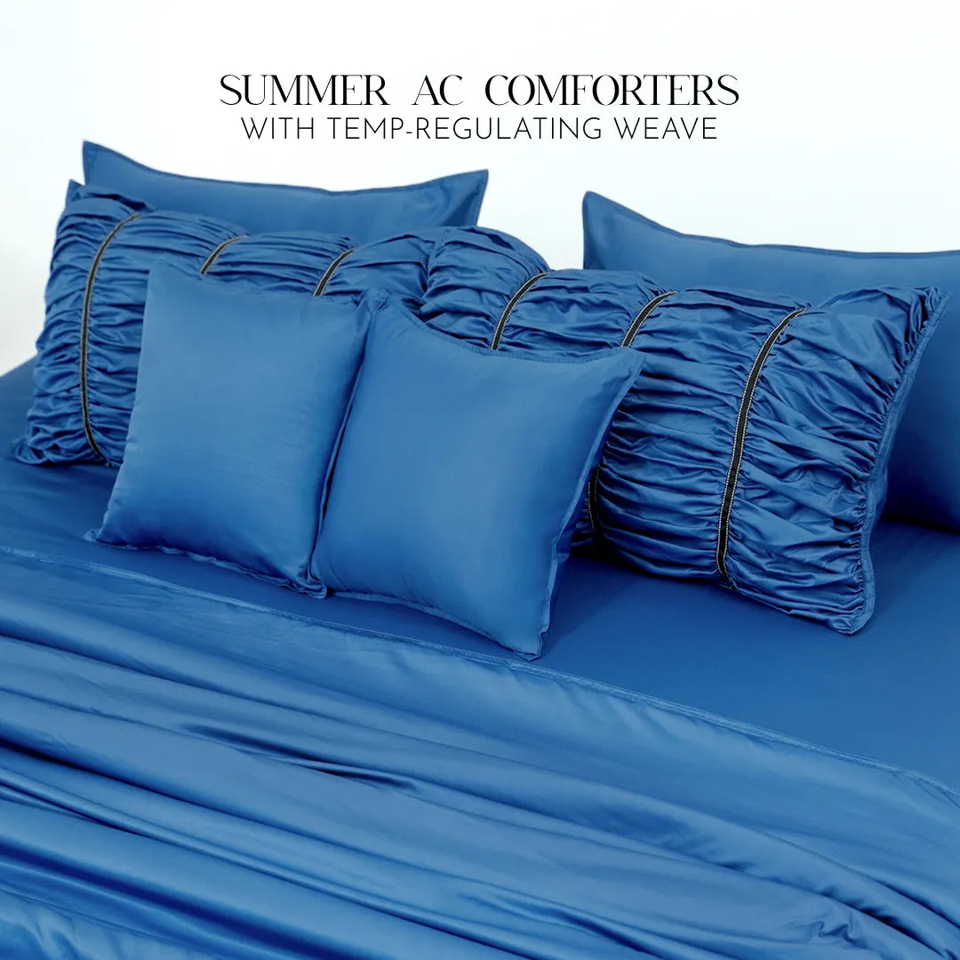 ZARF Italian Staple Weave Comforter With 2 Designer Pillow Cases, 2 Solid Pillowcases & 2 Cushion Covers - Indigo