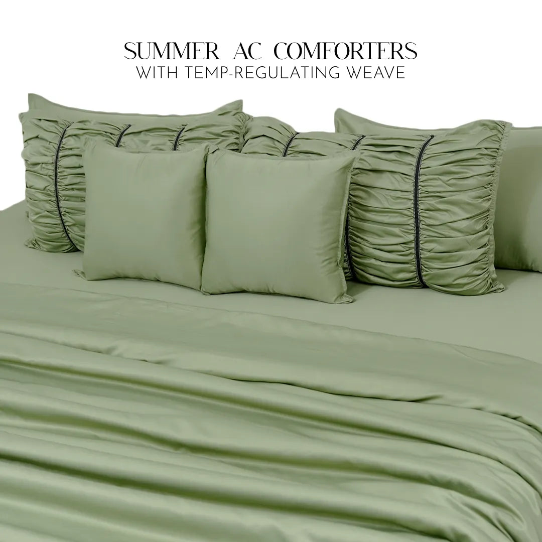 ZARF Italian Staple Weave Comforter With 2 Designer Pillow Cases, 2 Solid Pillowcases & 2 Cushion Covers - Pine