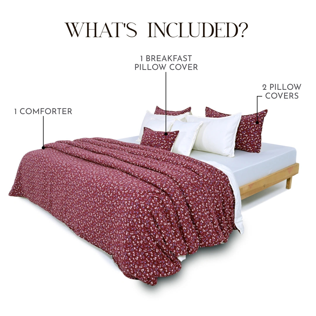 Linen Blend AC Comforter With 2 Pillow Cases and 1 Breakfast Pillow - Scarlet
